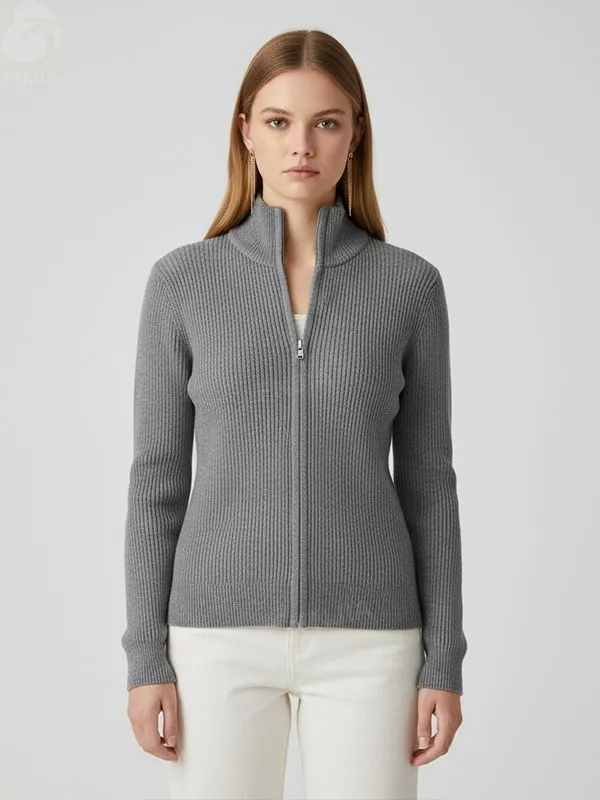 Women's Gray Ribbed Full-Zip Turtleneck Cardigan - FNJIA Custom Apparel Service-FNJ250090