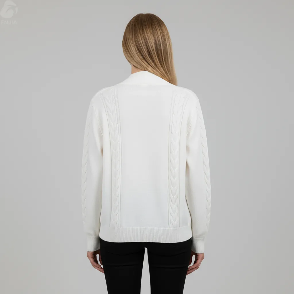 Women's White Cable-Knit Cardigan - FNJIA Custom Apparel Service-FNJ250089