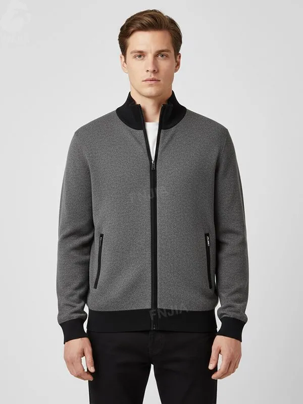 Men's Gray & Black Color-Block Zip Knit Jacket - FNJIA Custom Apparel Service-FNJ2500161