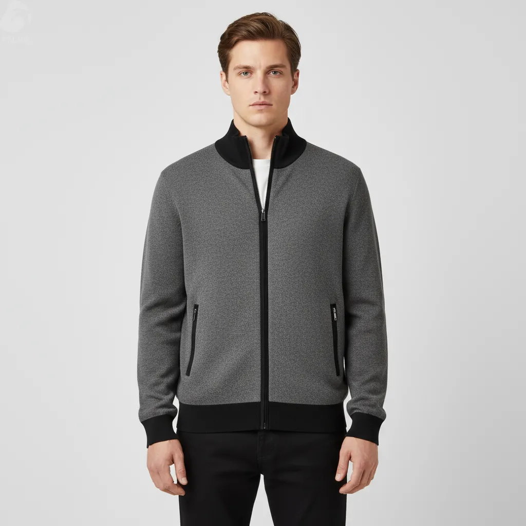 Men's Gray & Black Color-Block Zip Knit Jacket - FNJIA Custom Apparel Service-FNJ2500161