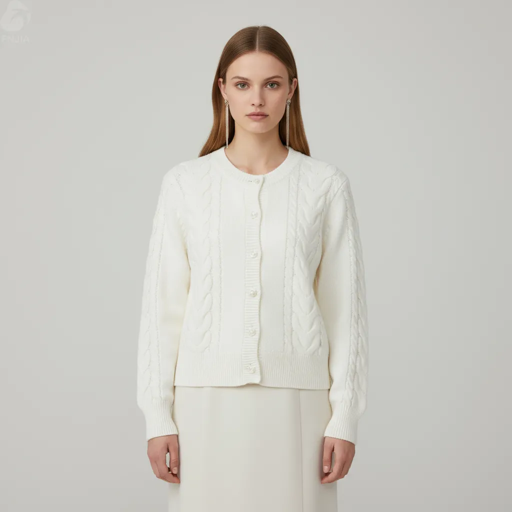 Women's White Cable-Knit Cardigan - FNJIA Custom Apparel Service-FNJ250089