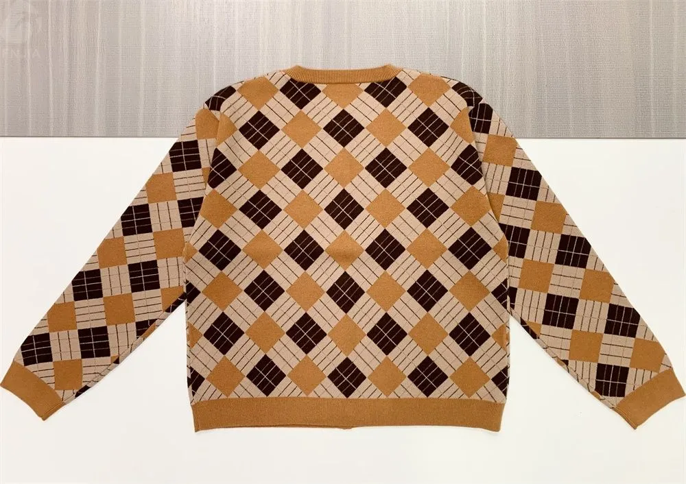 Women's Tan & Brown Argyle Knit Cardigan - FNJIA Custom Apparel Service-FNJ250095