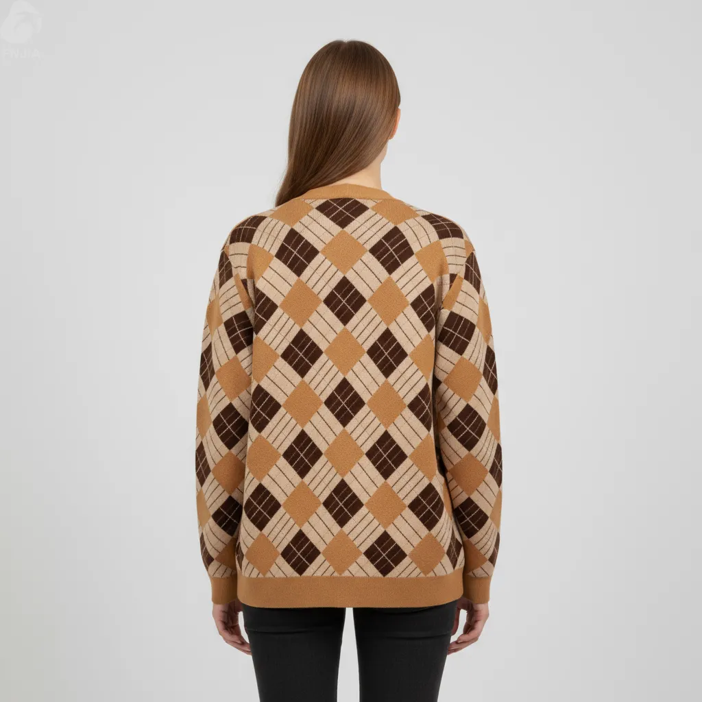 Women's Tan & Brown Argyle Knit Cardigan - FNJIA Custom Apparel Service-FNJ250095