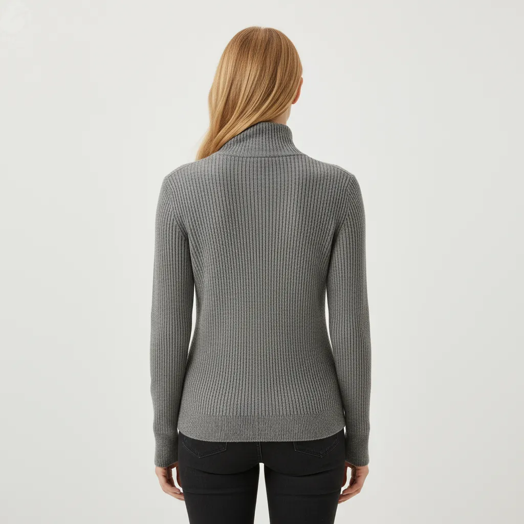 Women's Gray Ribbed Full-Zip Turtleneck Cardigan - FNJIA Custom Apparel Service-FNJ250090
