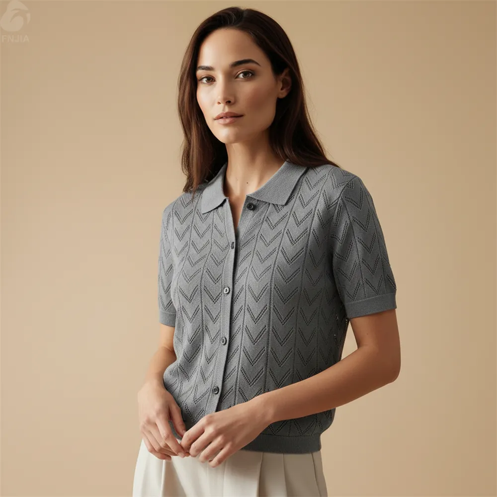 Women's Gray Chevron-Knit Polo Cardigan - FNJIA Custom Apparel Service-CPM2508-905