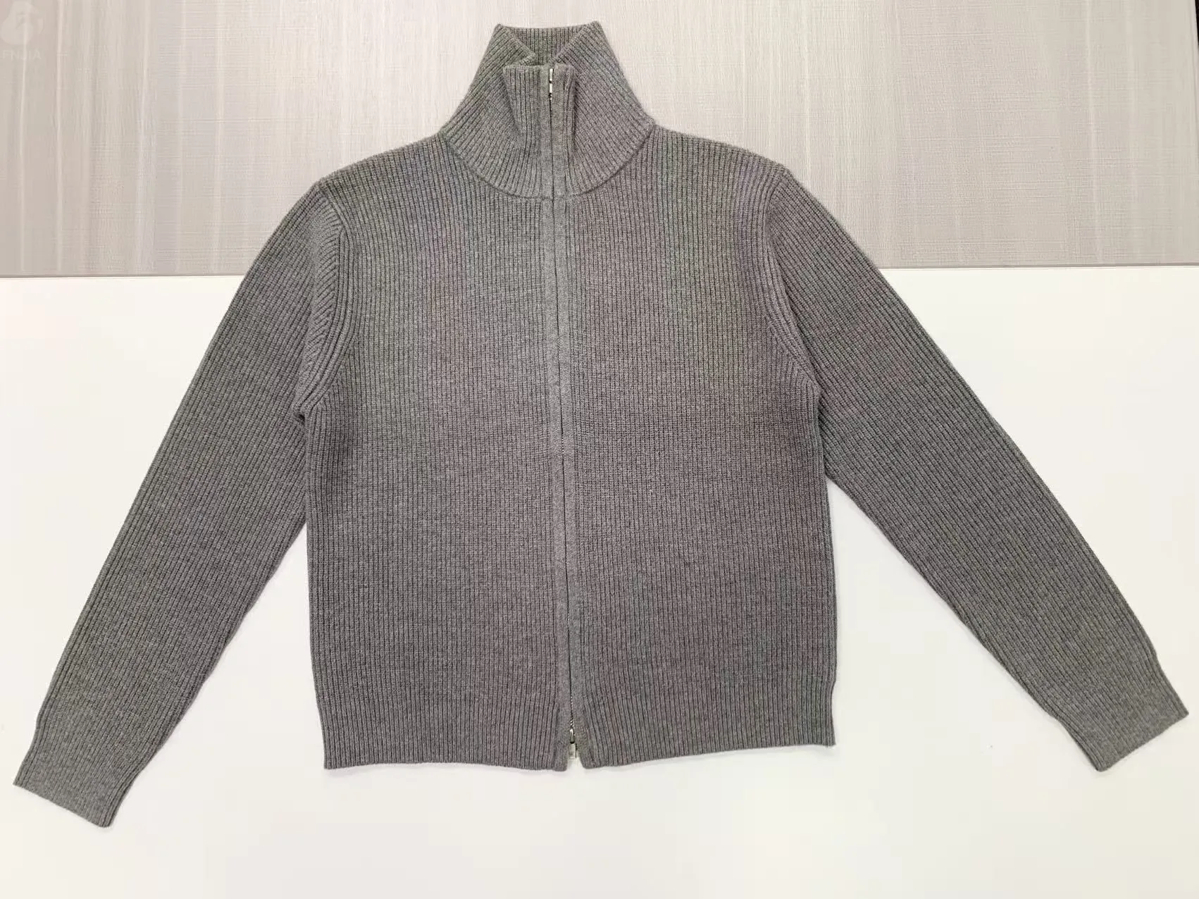 Women's Gray Ribbed Full-Zip Turtleneck Cardigan - FNJIA Custom Apparel Service-FNJ250090