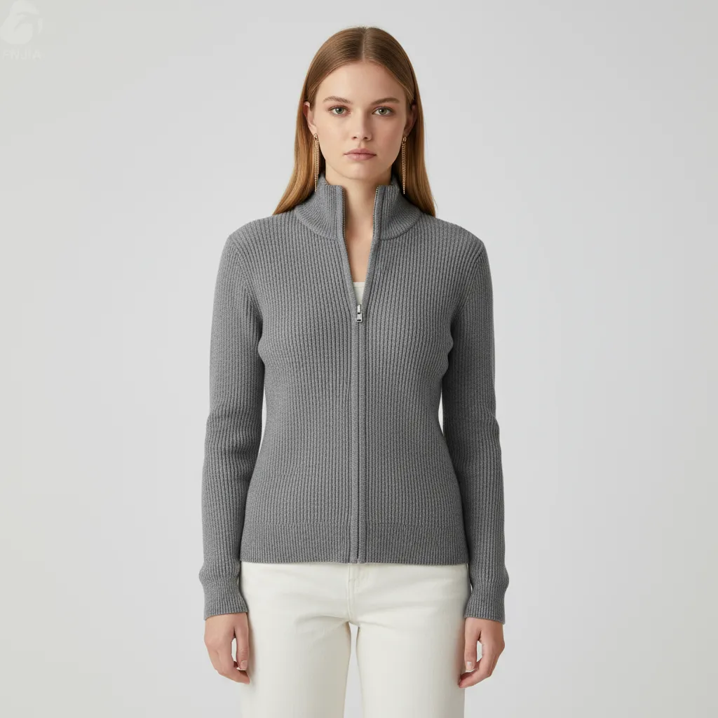 Women's Gray Ribbed Full-Zip Turtleneck Cardigan - FNJIA Custom Apparel Service-FNJ250090