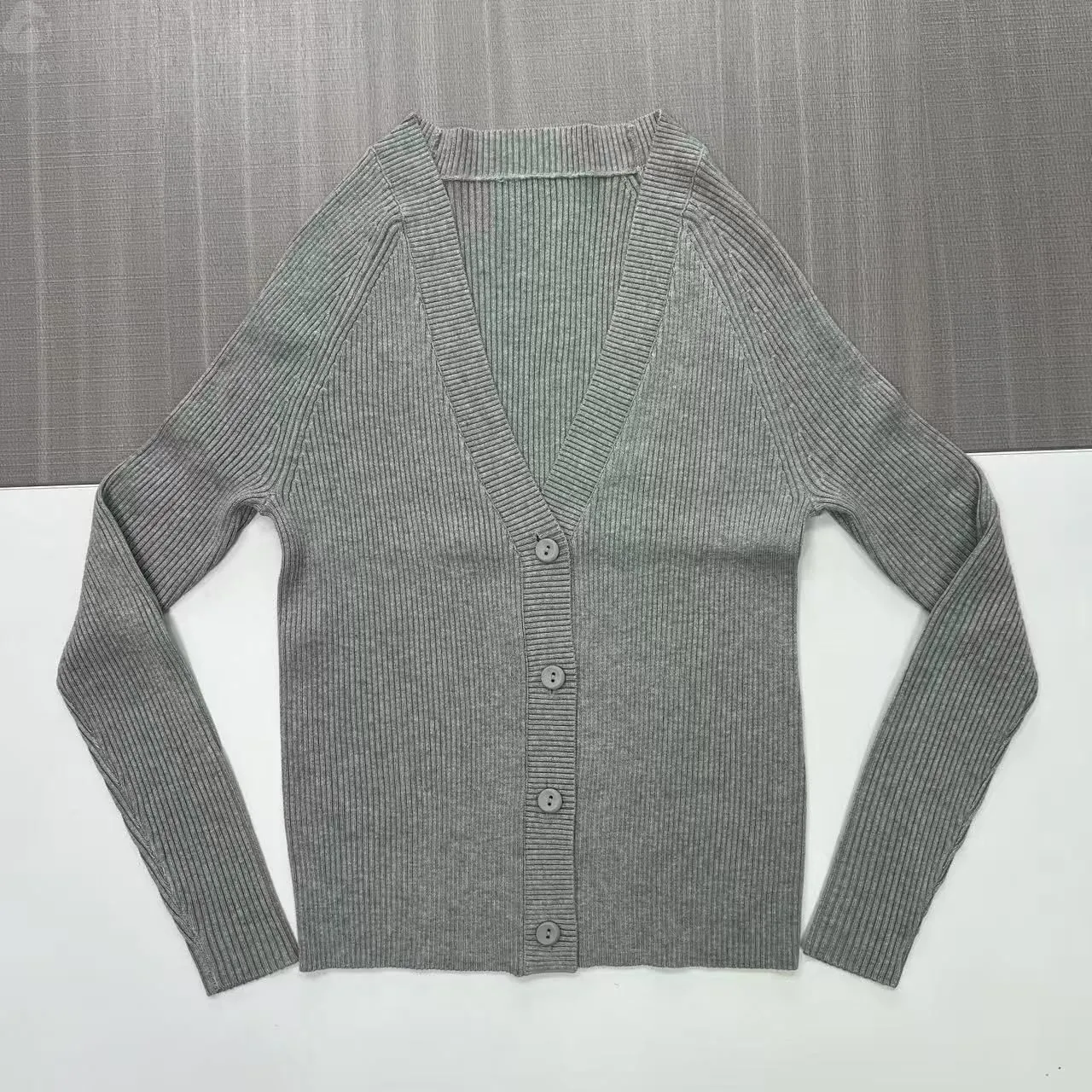 Women's Gray Ribbed V-Neck Cardigan - Full-Cycle Custom Apparel-CPM2508-903
