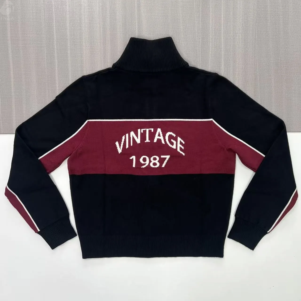 Women's Black & Burgundy Vintage Knit Track Jacket - FNJIA Custom Apparel Service-CPM2508-906