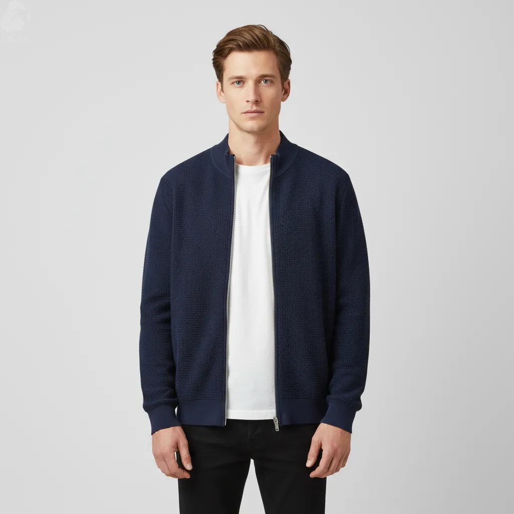 Men's Navy Waffle-Knit Zip Jacket - FNJIA Custom Apparel Service-FNJ2500159