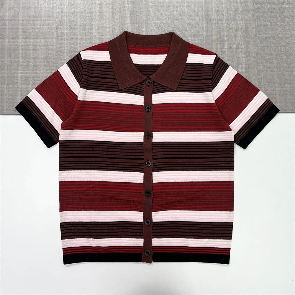Women's Burgundy Striped Polo-Knit Cardigan - FNJIA Custom Apparel Service-FNJ2500105