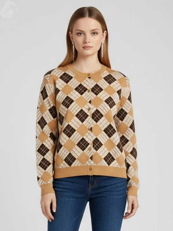 Women's Tan & Brown Argyle Knit Cardigan - FNJIA Custom Apparel Service-FNJ250095