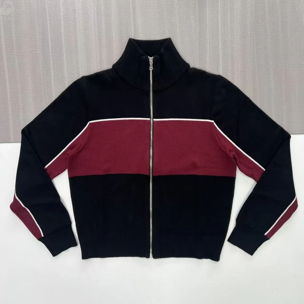 Women's Black & Burgundy Vintage Knit Track Jacket - FNJIA Custom Apparel Service-CPM2508-906