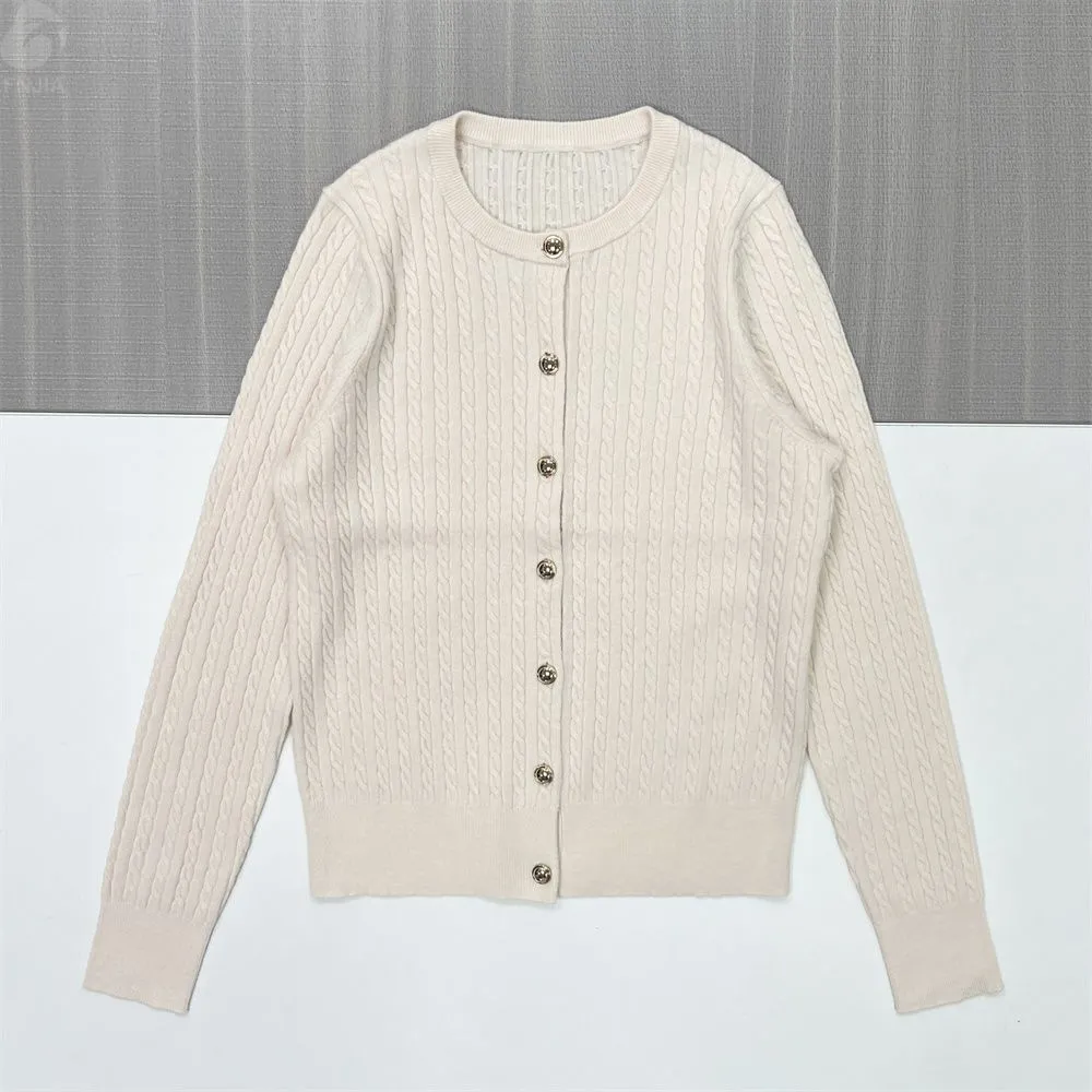 Women's Cream Cable-Knit Button Cardigan - FNJIA Custom Apparel Service-LYF2500002