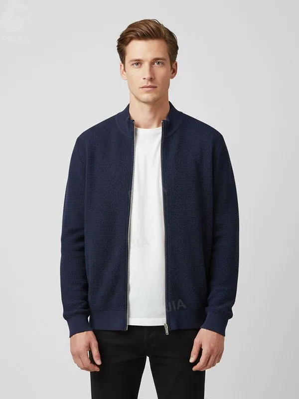 Men's Navy Waffle-Knit Zip Jacket - FNJIA Custom Apparel Service-FNJ2500159