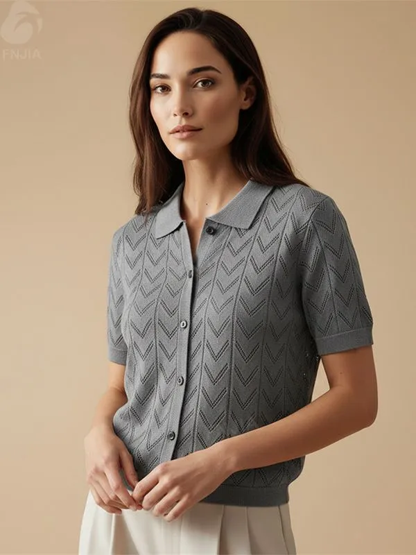 Women's Gray Chevron-Knit Polo Cardigan - FNJIA Custom Apparel Service-CPM2508-905