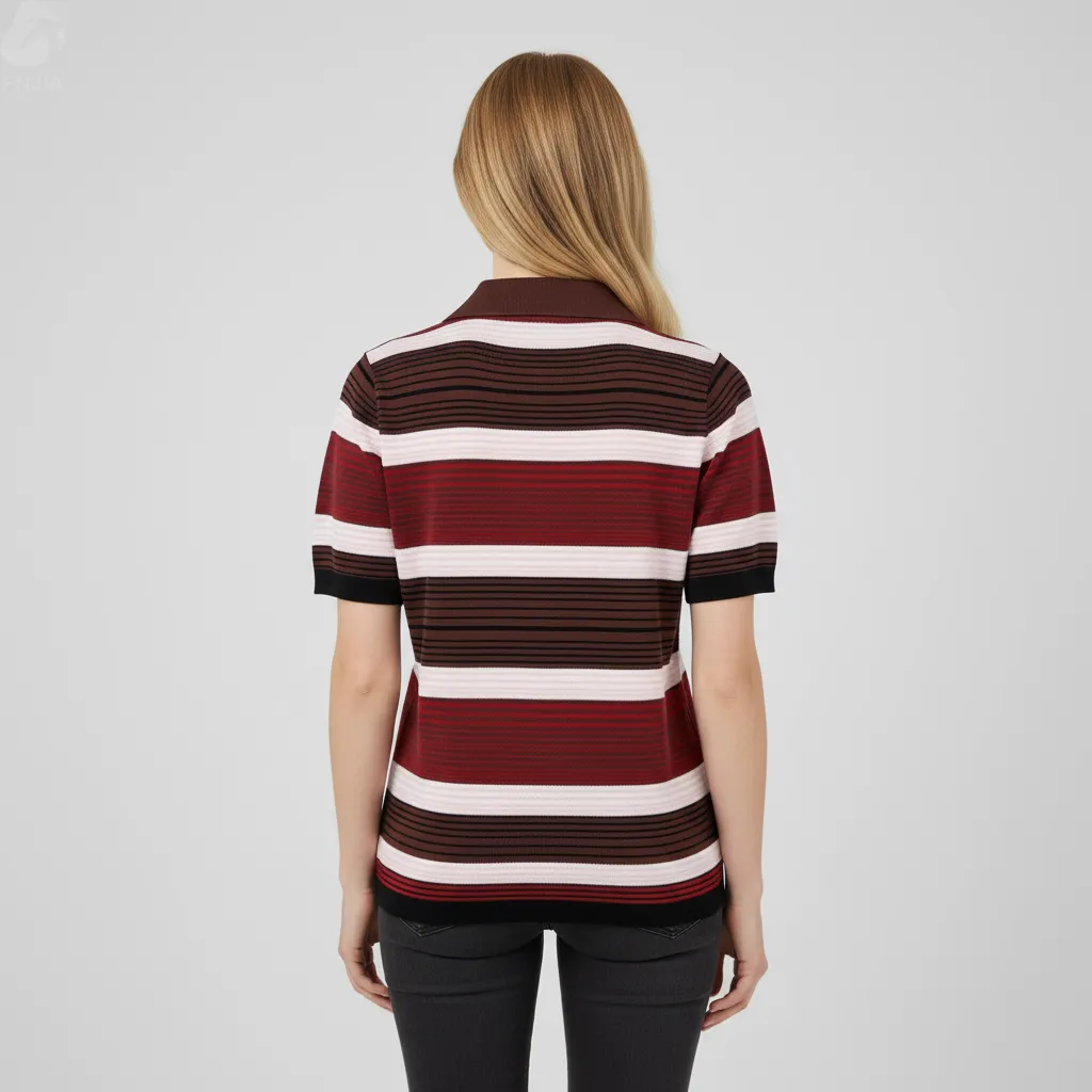 Women's Burgundy Striped Polo-Knit Cardigan - FNJIA Custom Apparel Service-FNJ2500105