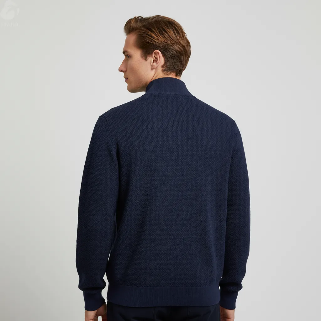 Men's Navy Waffle-Knit Zip Jacket - FNJIA Custom Apparel Service-FNJ2500159
