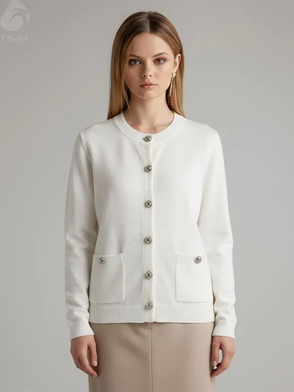 Women's White Embellished-Button Knit Cardigan - FNJIA Custom Apparel Service-FNJ250093