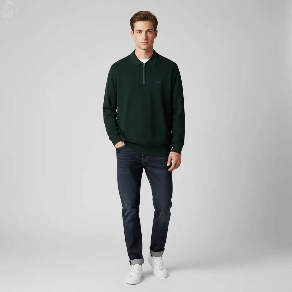 Men's Dark Green Textured Half-Zip Knit Polo - FNJIA Custom Apparel Service