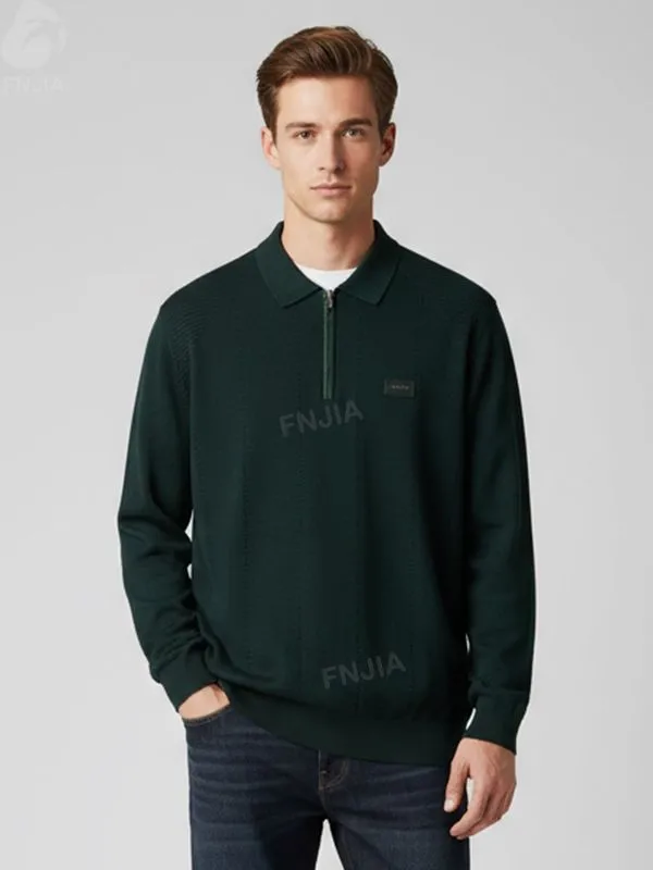 Men's Dark Green Textured Half-Zip Knit Polo - FNJIA Custom Apparel Service