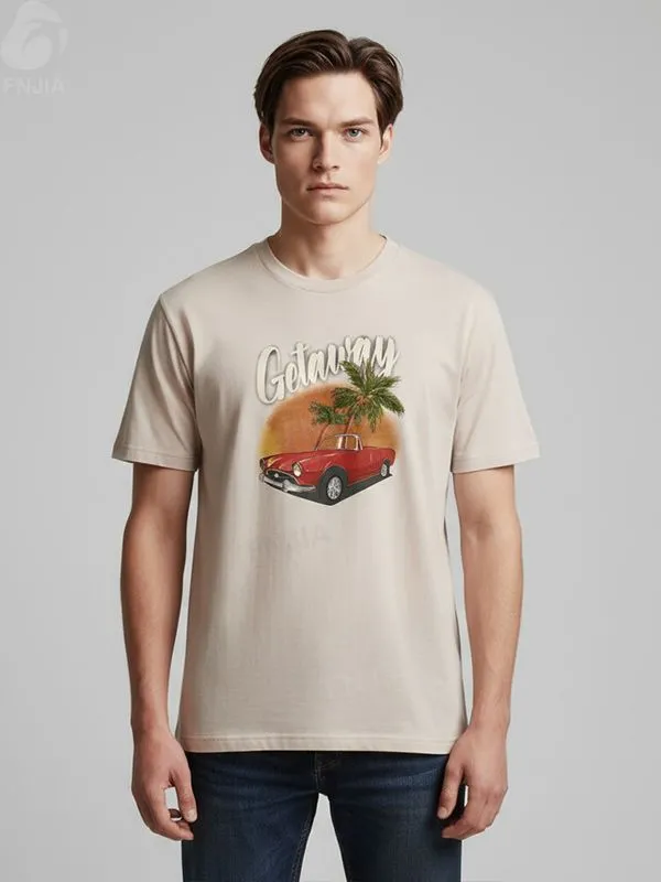 Men's Beige Retro Print Short-Sleeve T-Shirt - FNJIA Custom Apparel Service