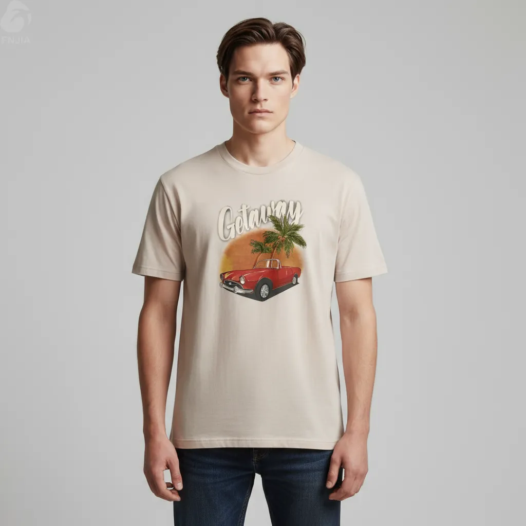Men's Beige Retro Print Short-Sleeve T-Shirt - FNJIA Custom Apparel Service
