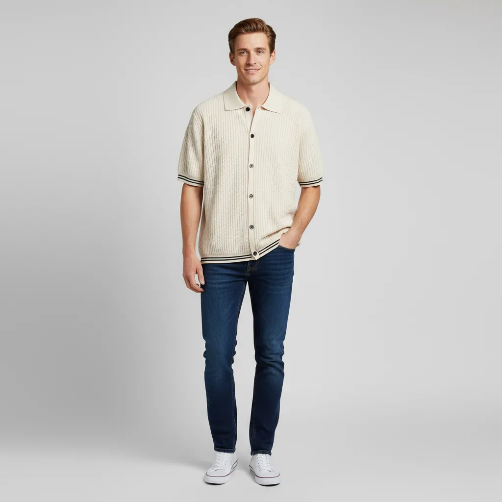 Men's Cream Rib-Knit Polo Cardigan - Custom Stripe Trim & Button Details