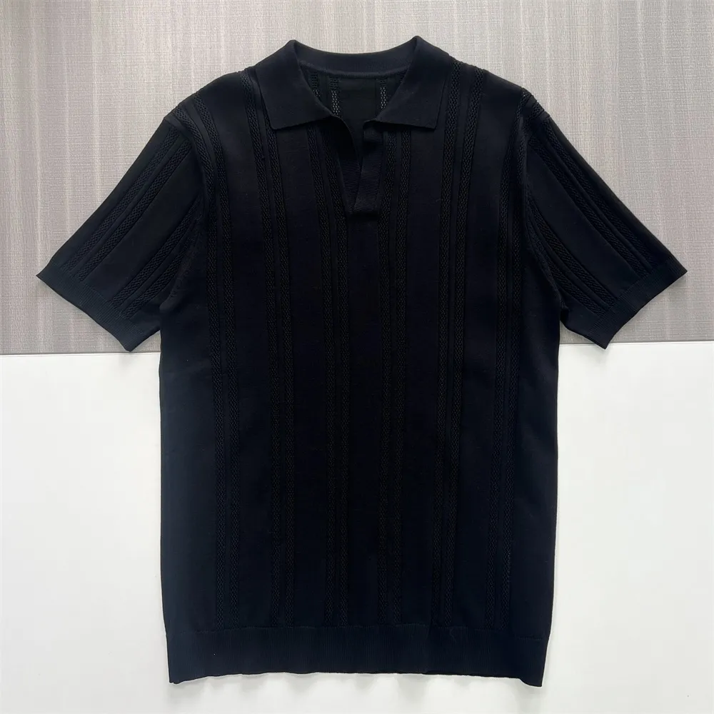 Men's Black Textured Vertical-Stripe Knit Polo Shirt - Custom Open Placket Design