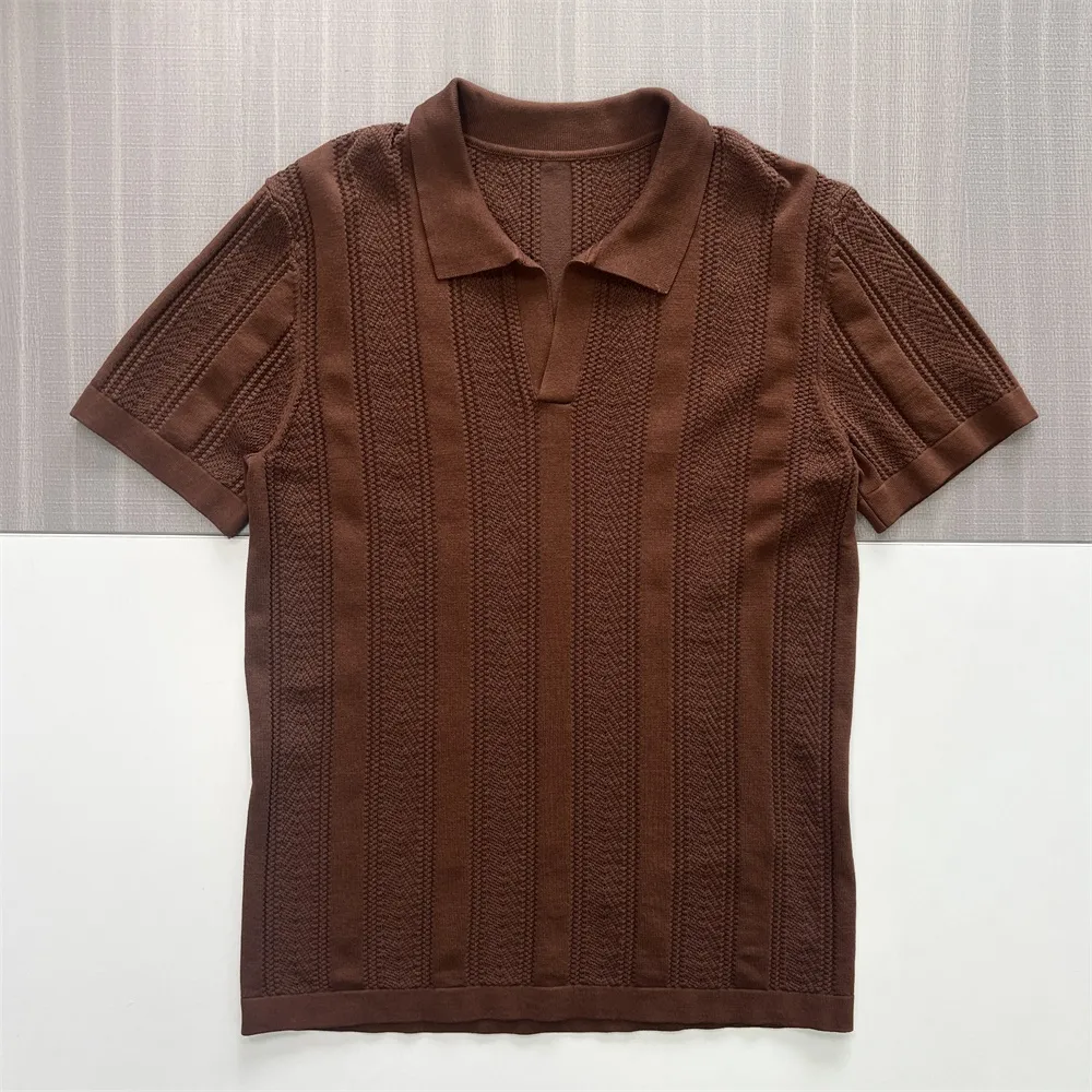 Men's Chestnut Brown Patterned Vertical-Stripe Knit Polo Shirt - Custom Textured Weave Design