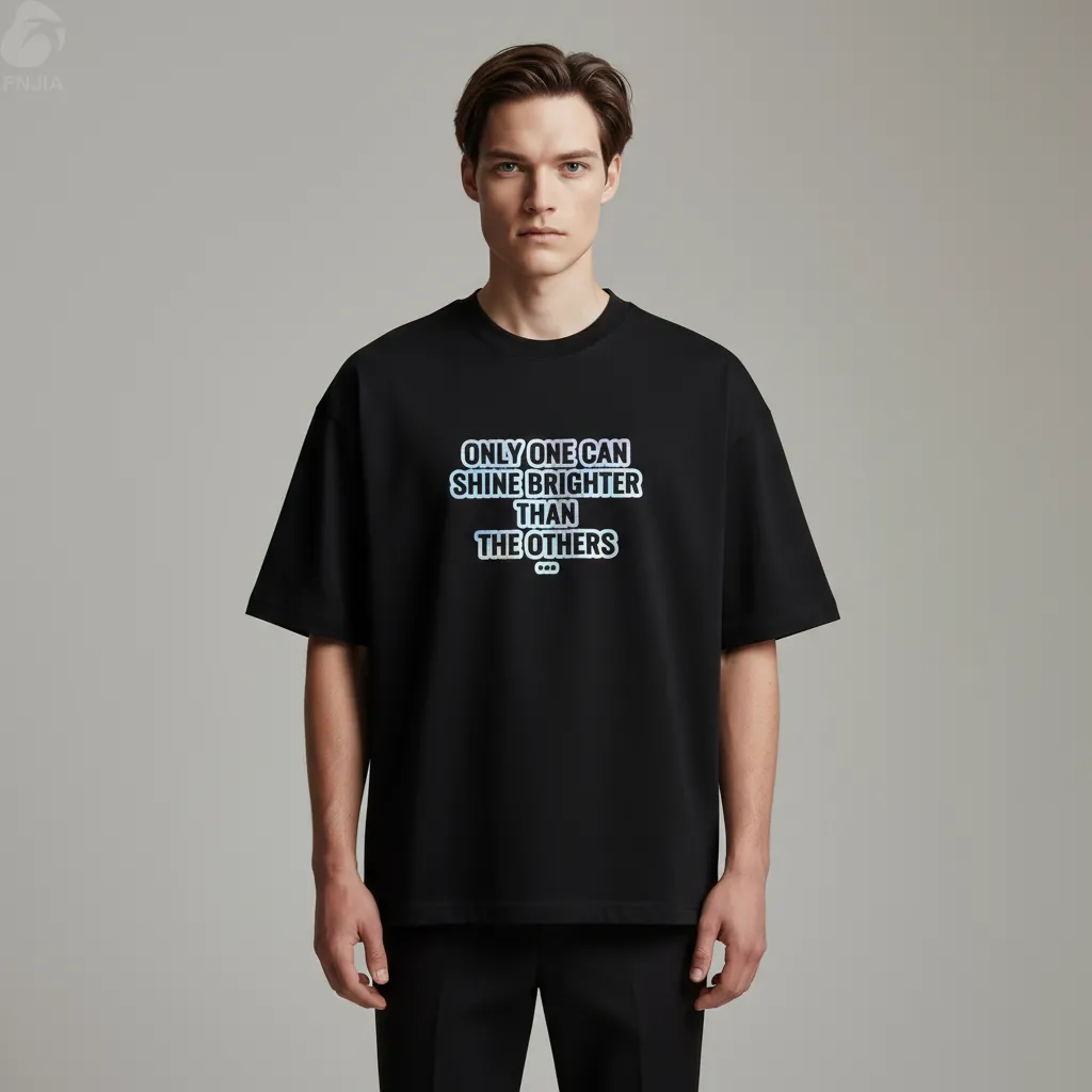 Men's Black Oversized Graphic-Print T-Shirt - Custom Iridescent Text & Relaxed Fit Design