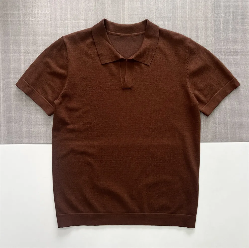 Men's Cocoa Brown Minimalist Knit Polo Shirt - Custom Slim-Fit & Placket Design