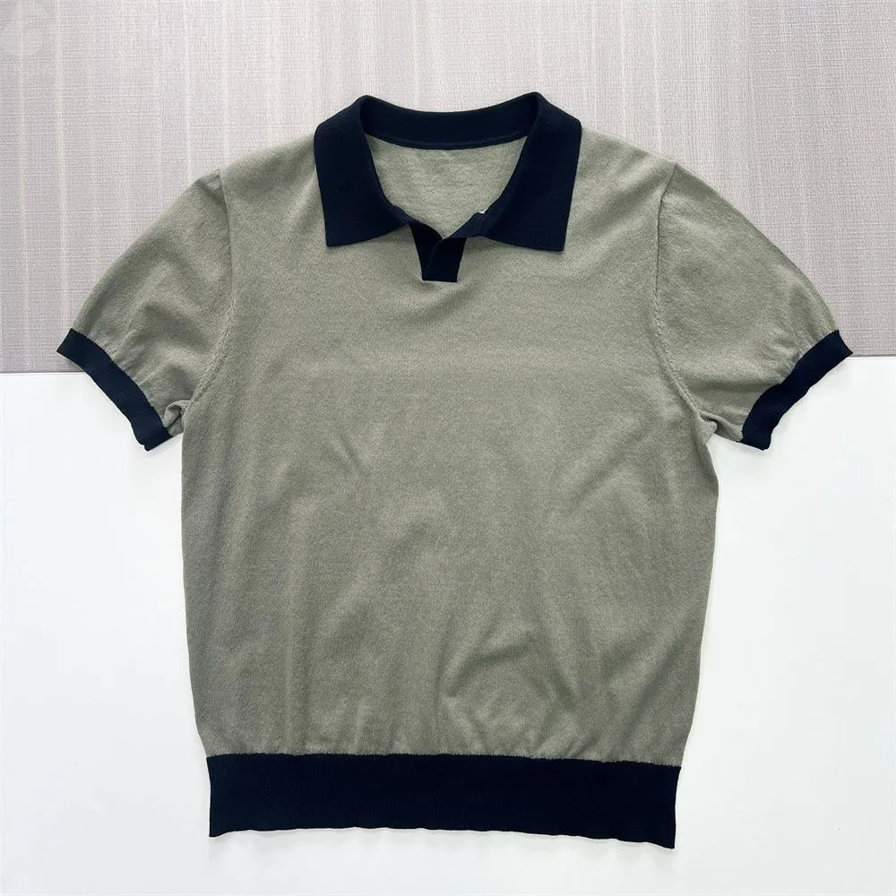 Men's Beige & Navy Contrast-Block Knit Polo - FNJIA Custom Apparel Service