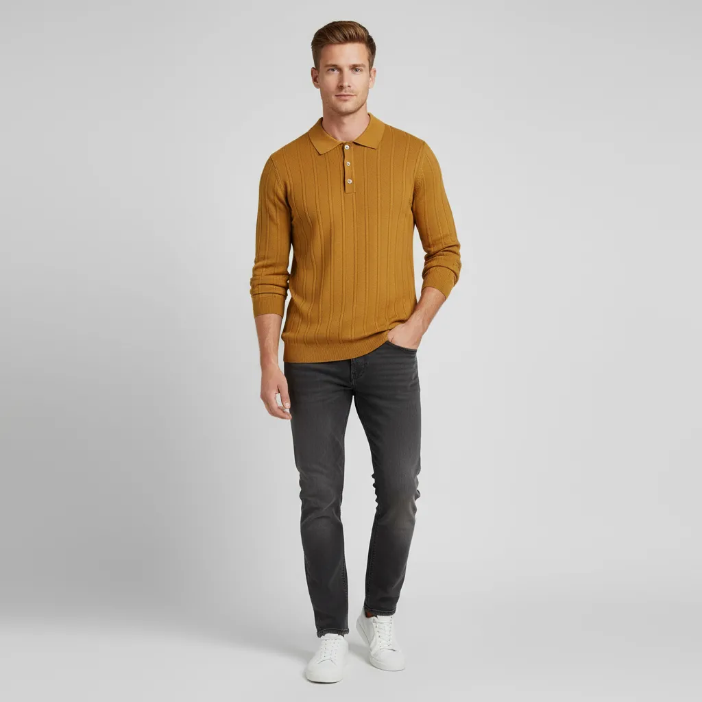 Men's Mustard Yellow Vertical Rib-Knit Polo Shirt - Custom Sleeve & Placket Details