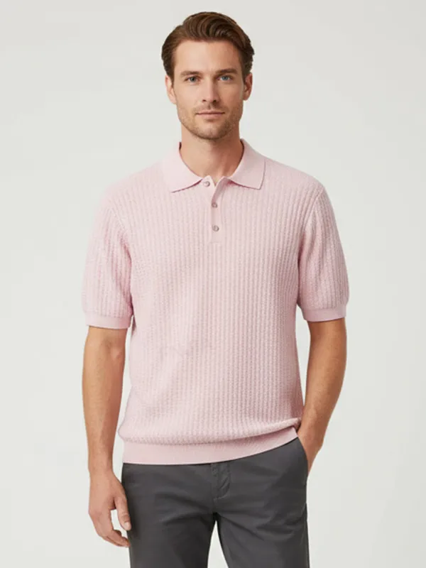 Men's Pastel Pink Textured Knit Polo - FNJIA Custom Apparel Service
