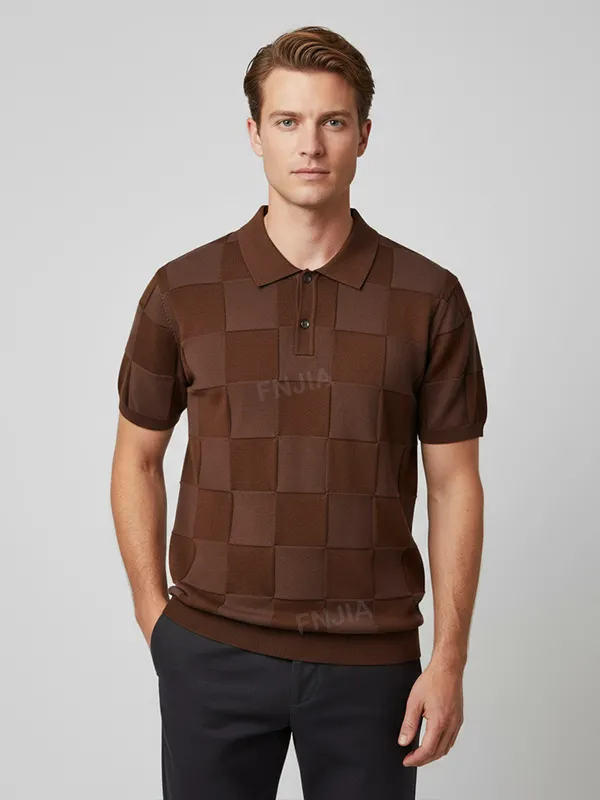 Men's Chocolate Brown 3D Checkerboard-Knit Polo Shirt - Custom Textured Pattern Design