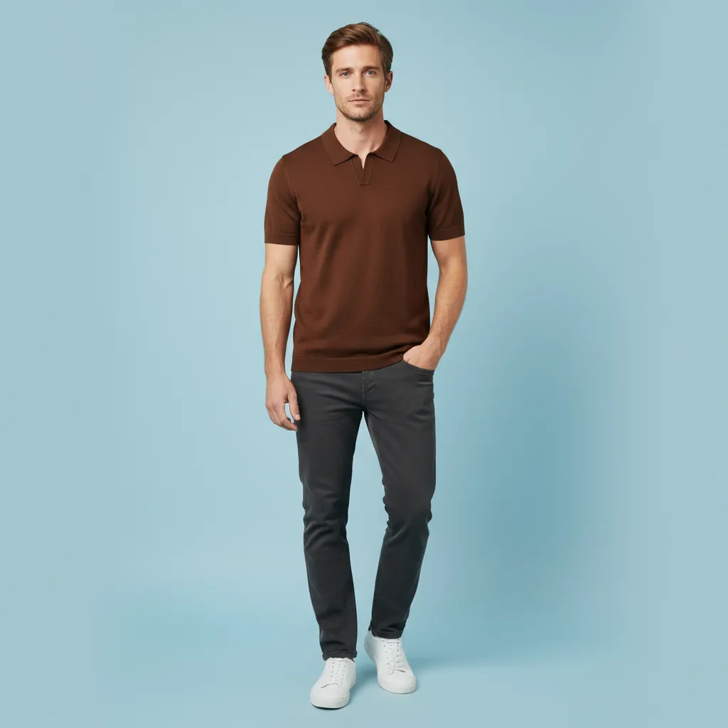 Men's Cocoa Brown Minimalist Knit Polo Shirt - Custom Slim-Fit & Placket Design