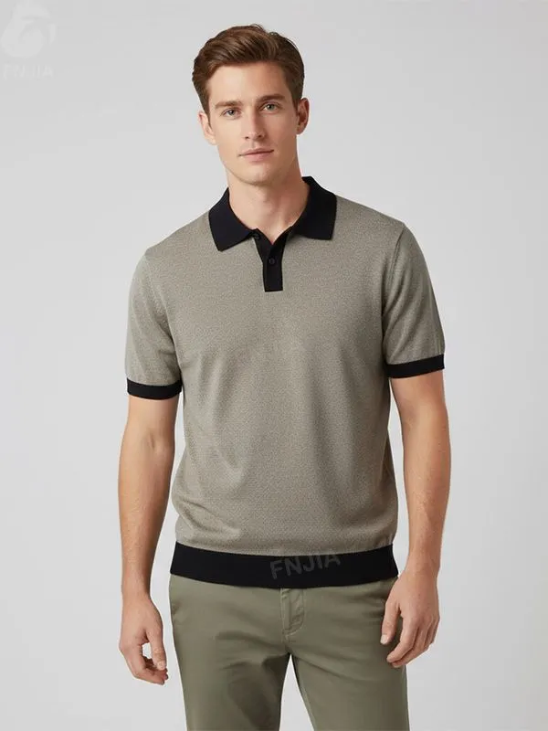 Men's Beige & Navy Contrast-Block Knit Polo - FNJIA Custom Apparel Service
