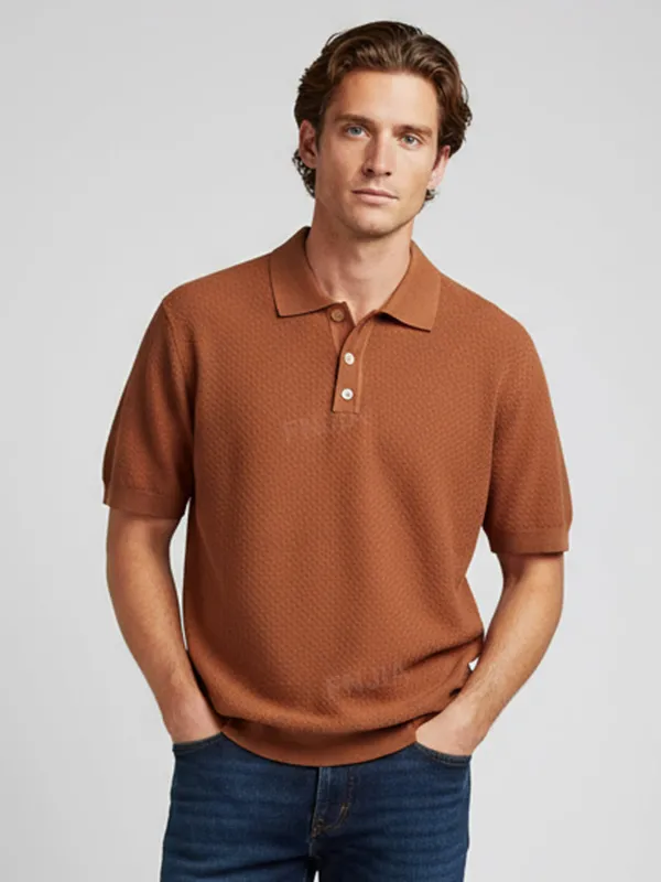 Men's Burnt Orange Waffle-Knit Polo Shirt - Custom Fabric & Fit