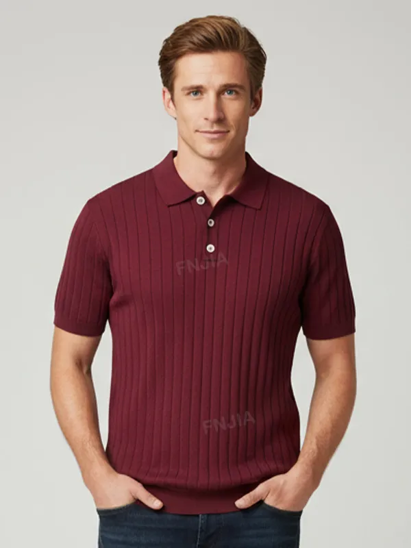Men's Deep Burgundy Vertical Rib-Knit Polo Shirt - Custom Contrast Button Design