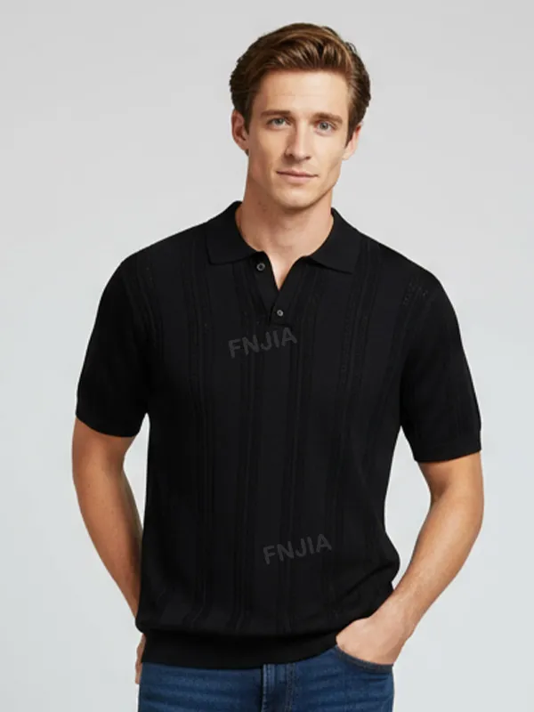 Men's Black Textured Vertical-Stripe Knit Polo Shirt - Custom Open Placket Design