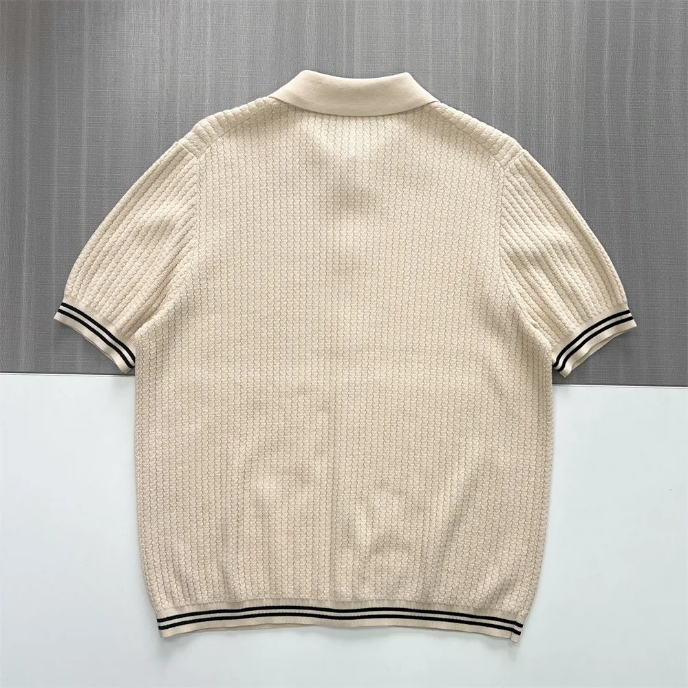 Men's Cream Rib-Knit Polo Cardigan - Custom Stripe Trim & Button Details