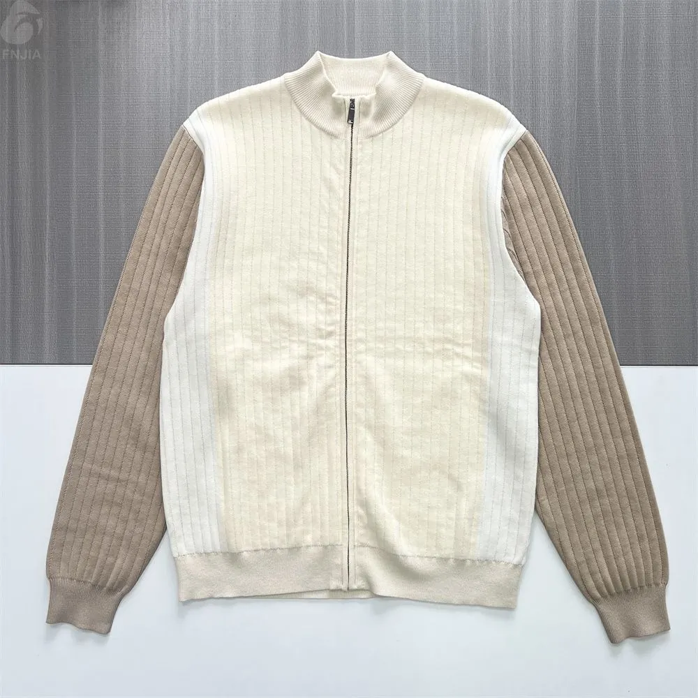 Men's Two-Tone Rib-Knit Zip-Up Jacket - Custom Color Block & Stand-Collar Design