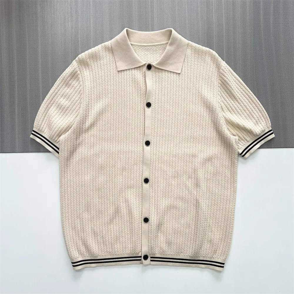 Men's Cream Rib-Knit Polo Cardigan - Custom Stripe Trim & Button Details