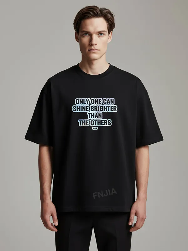Men's Black Oversized Graphic-Print T-Shirt - Custom Iridescent Text & Relaxed Fit Design