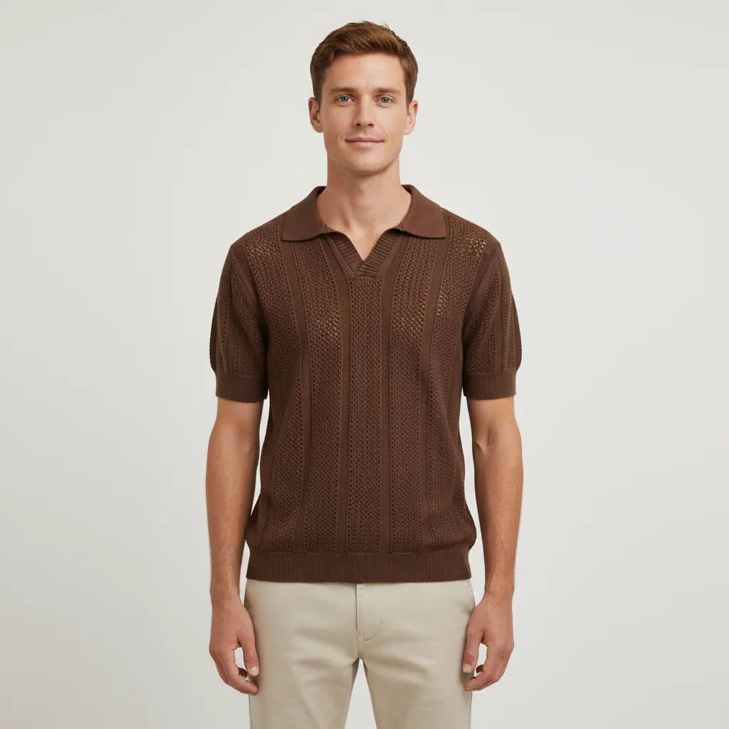 Men's Chocolate Brown Textured Stripe-Knit Polo Shirt - Custom Open Placket Design