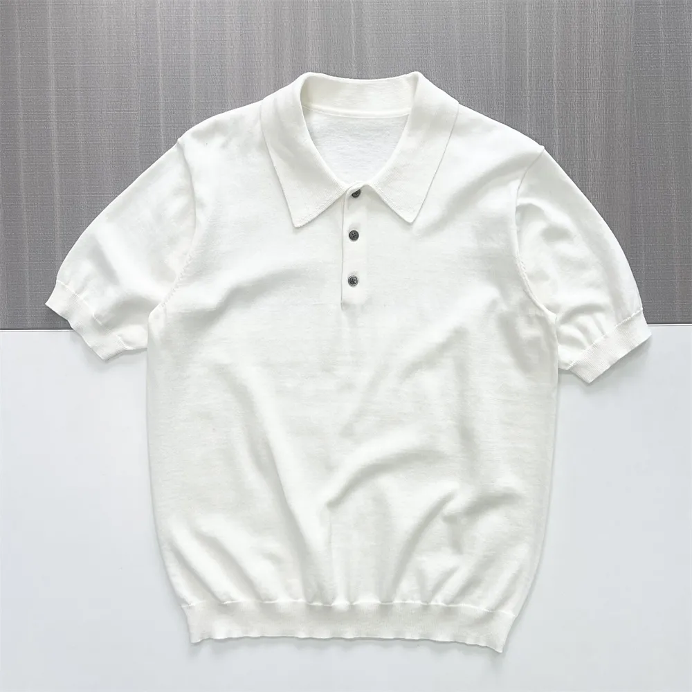 Men's Crisp White Knit Polo Shirt - Custom Contrast Button & Slim-Fit Design