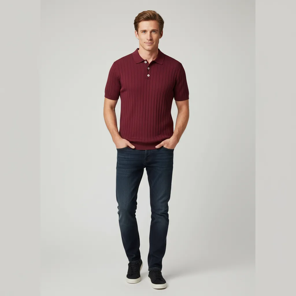 Men's Deep Burgundy Vertical Rib-Knit Polo Shirt - Custom Contrast Button Design
