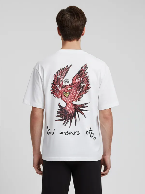 Men's White Oversized Graphic-Print T-Shirt - Custom Artwork & Relaxed Fit Design