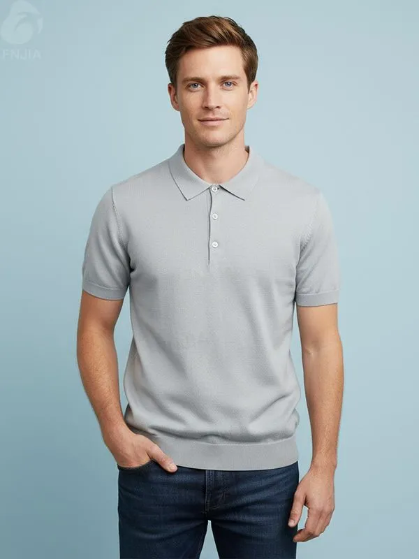 Men's Light Gray Fine-Rib Knit Polo - FNJIA Custom Apparel Service